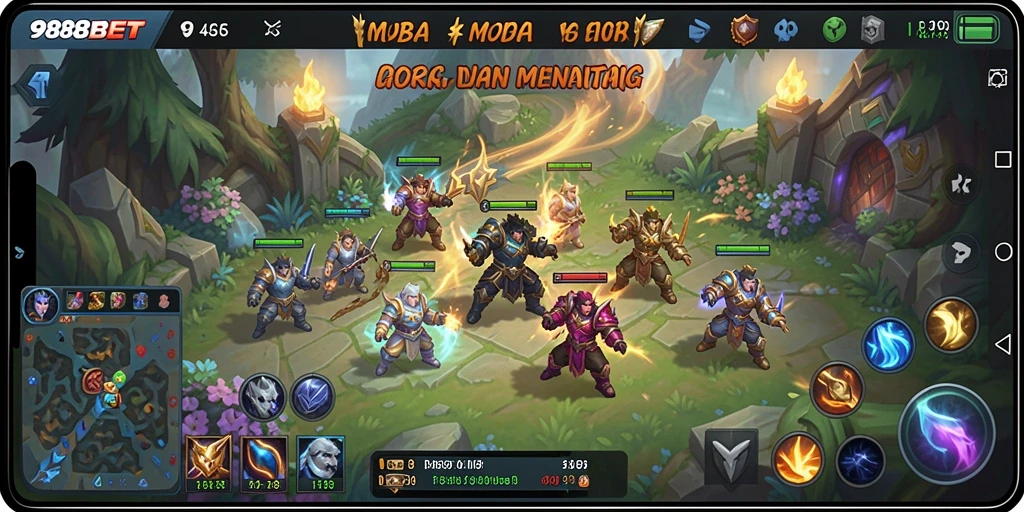 Tangkapan layar gameplay 988BET yang menampilkan aksi seru di arena MOBA.